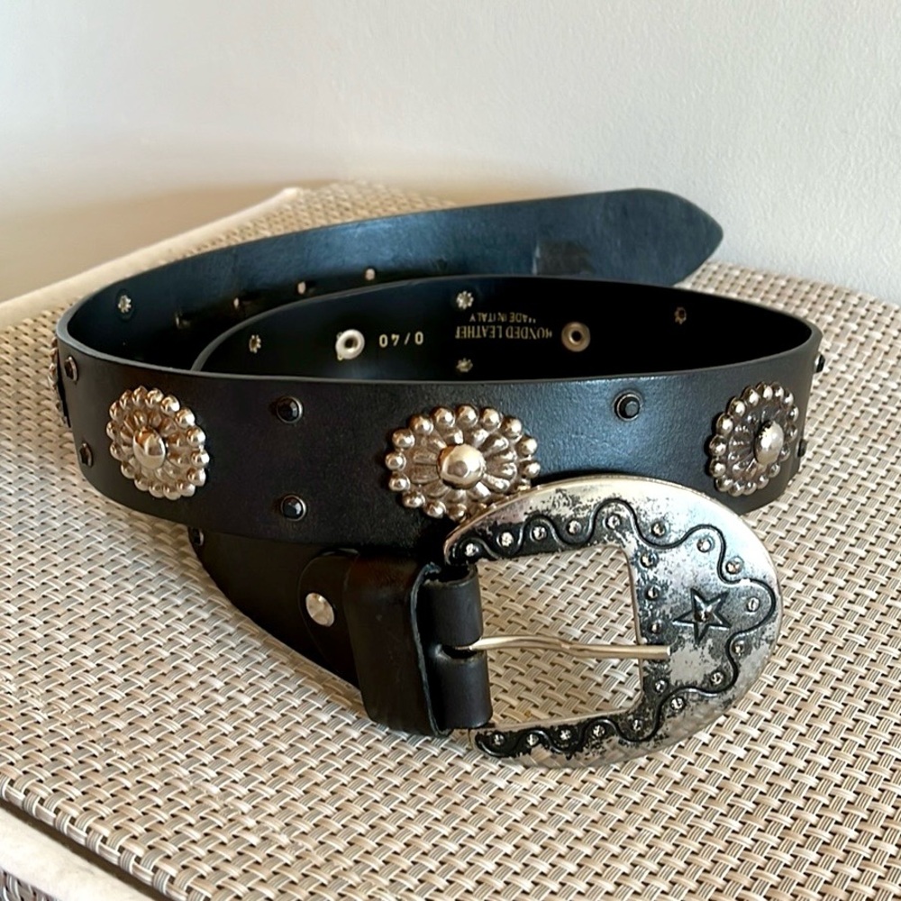 Black Studded Leather Belt with Silver Accents